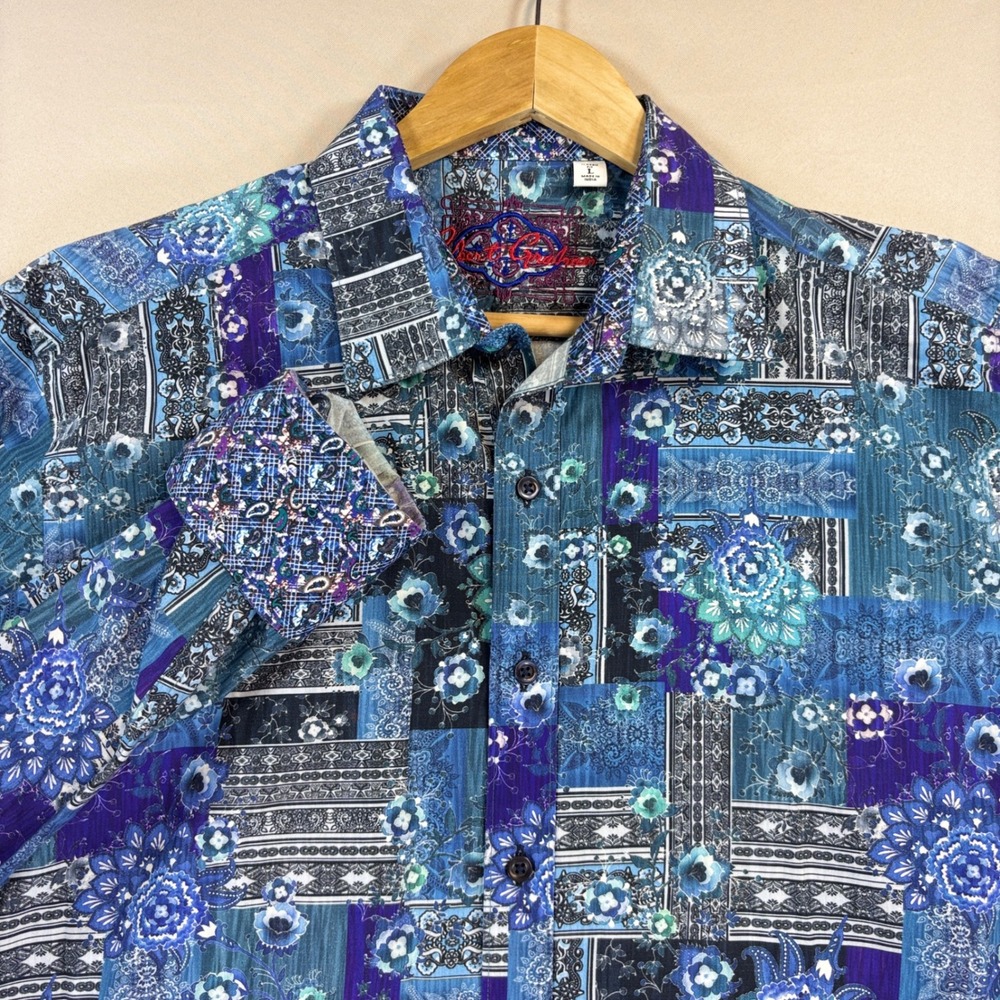 Robert Graham Shirt Mens Large Blue Floral Patchwork Flip Cuff Classic Fit EUC